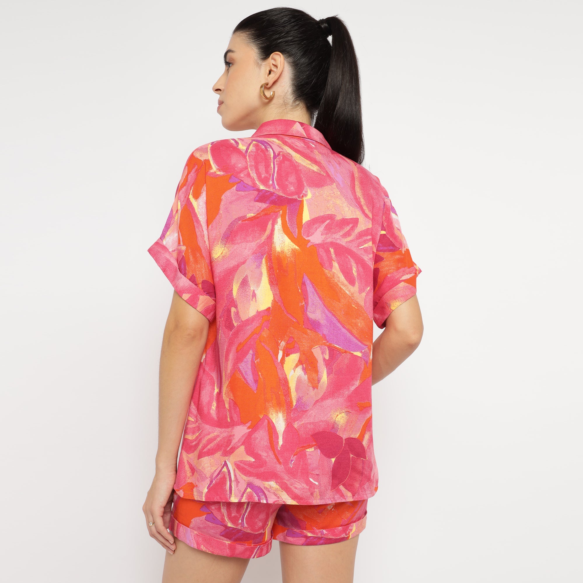 Vibrant Coral-Orange Printed Co-ord Set with Shirt and Shorts
